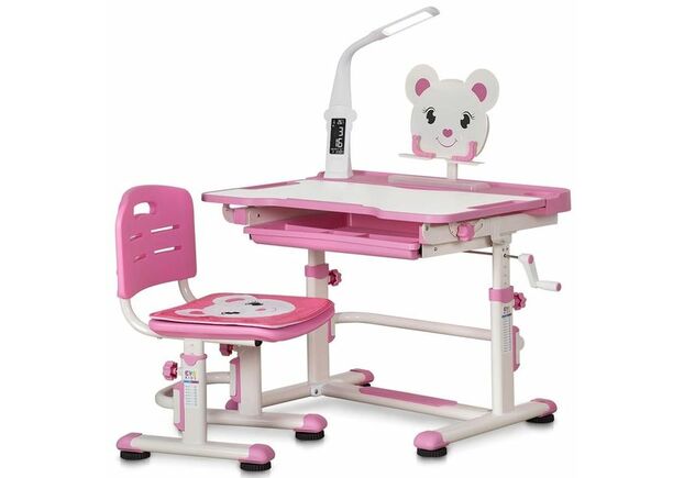 Комплект парта та стілець-трансформери Evo-kids (стілець + стіл + полиця + лампа) BD-04 P (XL) Teddy Pink з лампою - Фото №1