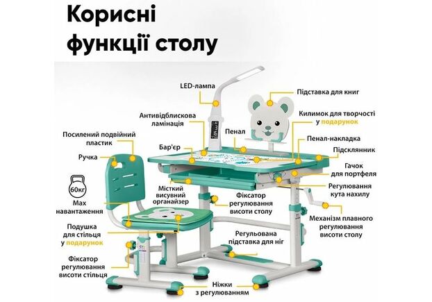 Комплект парта та стілець-трансформери Evo-kids (стілець + стіл + полиця + лампа) BD-04 Z (XL) Teddy Green з лампою - Фото №2