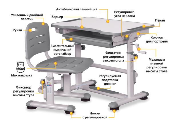 Комплект cтол и стул Evo-kids BD-08 G столешница белая, цвет пластика серый - Фото №2